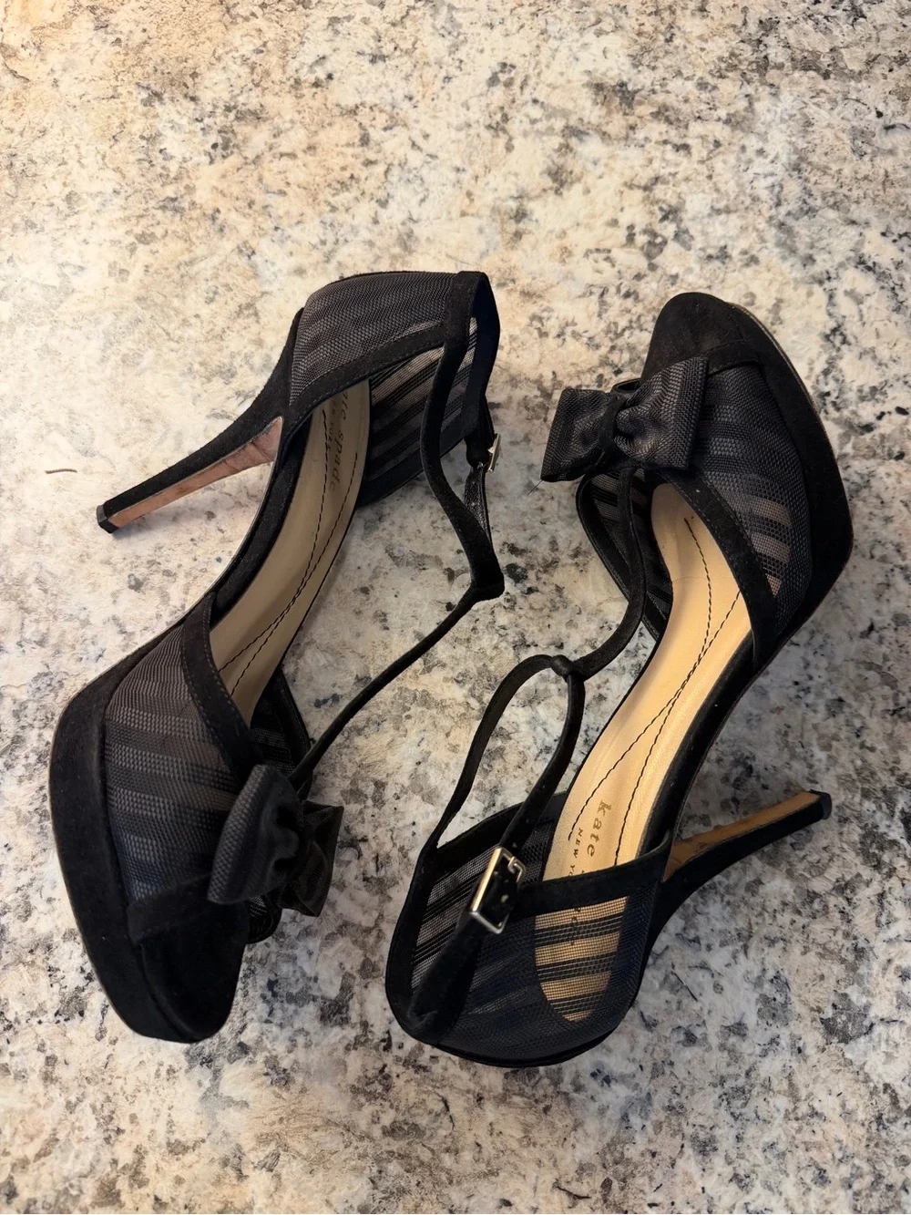 kate spade Black Mesh Bow T-Strap Peep-Toe Platform Stiletto Heels Made In Italy